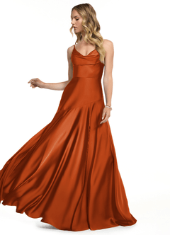 Azazie Kayla Bridesmaid Dresses Burnt Orange Sheath Side Slit Stretch Satin Dress image3