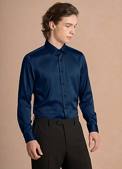 front Julian Dark Navy Stretch Satin Dress Shirt
