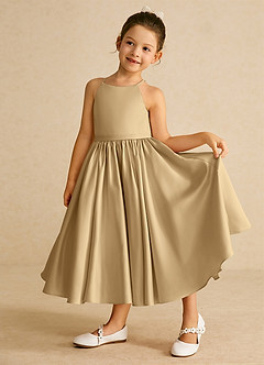 Azazie Sunray Flower Girl Dresses Gold A-Line Spaghetti Strap Matte Satin Dress image3