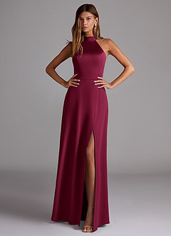 Azazie Myra Robes de demoiselle d'honneur Robe Trapèze en Satin extensible Col haut Bourgogne image3