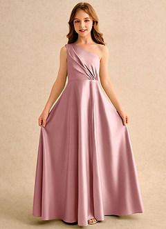 Azazie Puddles Girls Formal Robe Demoiselle D'honneur Fillette Robe Trapèze en Mat Satiné Asymétrique Rose Poussiéreuse image5