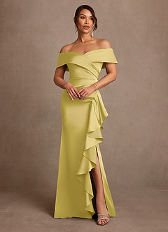Azazie Kirsty Mère de la mariée Robes Robe Fourreau en Satin extensible Épaule décolletée Canari image1