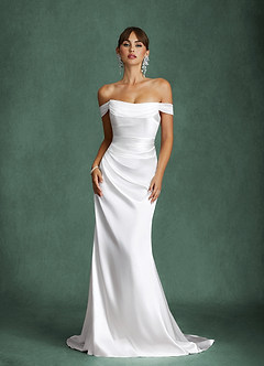 Azazie Darlene Wedding Dresses Diamond White Mermaid Off the Shoulder Metallic Satin Dress image1