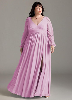 Azazie Norah Bridesmaid Dresses Candy Pink A-Line V-Neck Long Sleeve Chiffon Dress image6