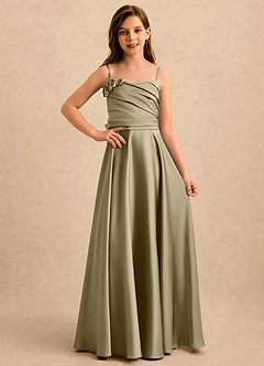 Azazie Gracie Girls Formal Robe Demoiselle D'honneur Fillette Robe Trapèze en Satin extensible Encolure en Forme de Cœur Vert Mousse image4