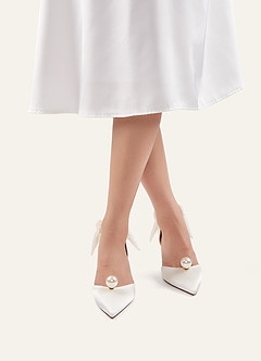 front Satin Pearl and Bow Pumps