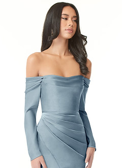 Azazie Hallie Bridesmaid Dresses Dusty Blue Sheath Off-The-Shoulder Long Sleeve Stretch Satin Convertible Dress image1