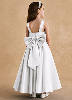 Azazie Honey Bear Flower Girl Dresses White A-Line Pleated Matte Satin Dress image1