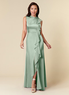 Azazie Narine Mother of the Bride Dresses Agave A-Line High Neckline Pleated Stretch Satin Dress image3