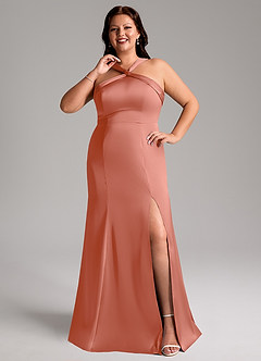 Azazie Rue Vestidos de damas de honor Vestido de Rosa Salmón de Satén Elástico de Corte Sirena con Plisado image8