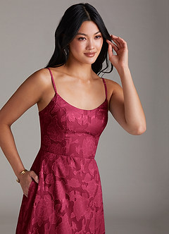 Azazie Moira Bridesmaid Dresses Burgundy A-Line Side Slit Floral Burnout Dress image5