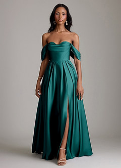 Azazie Loisa Abiti da Damigella Abito A-Line in Raso Elasticizzato a Spalla Scoperta Verde Pavone image7