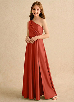 Azazie Puddles Girls Formal vestidos de niña de las flores Vestido de Óxido de Satén Elástico de Corte en A con Hombro unilateral image4