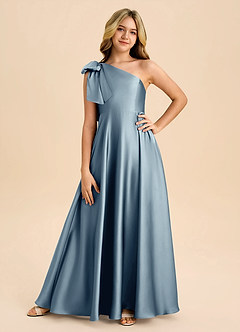 Azazie Penguin Junior Dusty Blue A-Line Bow Stretch Satin Dress image3