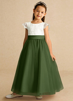 Azazie Pookie Flower Girl Dresses Olive A-Line Lace Tulle Dress image1