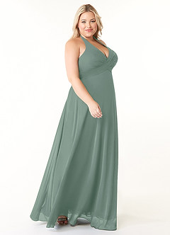 Azazie Tessie Robes à essayer chez vous Robe Trapèze en Mousseline de soie Col V plissé Matcha image8