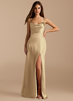 Azazie Erma Bridesmaid Dresses Champagne A-Line Side Slit Metallic Satin Dress image1