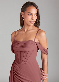 Azazie Amyra Bridesmaid Dresses Amethyst Sheath Off the Shoulder Chiffon Convertible Dress image6
