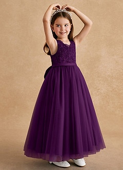 Azazie Cinna Flower Girl Dresses Grape A-Line Lace Tulle Dress image3