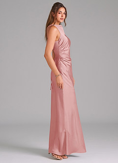 Azazie Evadne Bridesmaid Dresses Powder Pink Sheath Pleated Stretch Satin Dress image4