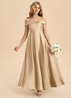 Azazie Sissy Junior Champagne A-Line Off the Shoulder Stretch Satin Dress image1
