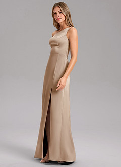 Azazie Phaedra Bridesmaid Dresses Taupe A-Line One Shoulder Stretch Satin Dress image4