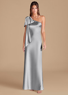 Azazie Capri Bridesmaid Dresses Silver Sheath One Shoulder Metallic Satin Dress image3