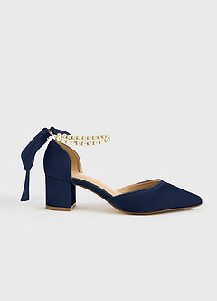 front Matchande färg matt satin pärla och rosett spetsiga tå blockklackar