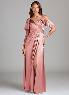 Azazie Dakota Slutförsäljning Klänning av A-Line i Metallisk satin Av axeln Auburn image1