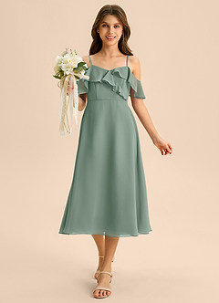Azazie Kamilla Junior Silver Sage A-Line Off the Shoulder Chiffon Dress image4