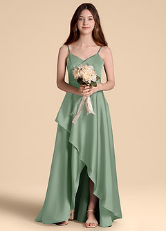 Azazie Prisha Junior Abito A-Line in Raso Elasticizzato Plissettato Matcha image6