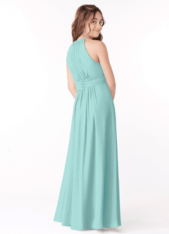 Azazie Bonnie Junior Aqua A-Line Pleated Chiffon Dress image3