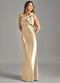 Azazie Yuanna Bridesmaid Dresses Champagne Mermaid One Shoulder Metallic Satin Dress image1