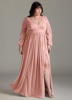 Azazie Norah Robes de demoiselle d'honneur Robe Trapèze en Mousseline de soie Col en V, manches longues Rosette image9