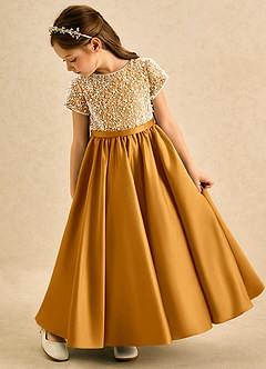 Azazie Cashew Flower Girl Dresses Butterscotch Ball-Gown with Sleeves Matte Satin Dress image5