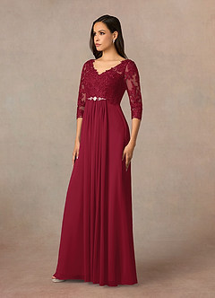 Azazie Hayek Mother of the Bride Dresses Burgundy A-Line V-Neck Lace Chiffon Dress image2