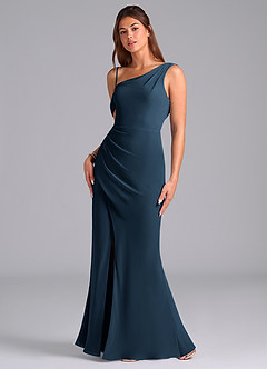 Azazie Madelyn Bridesmaid Dresses Dark Navy Mermaid One Shoulder Chiffon Convertible Dress image5