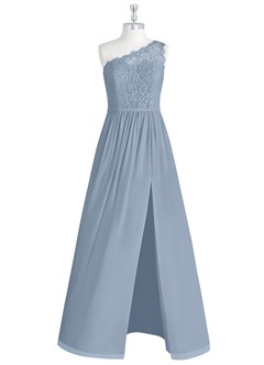 Azazie Demi Vestidos de damas de honor Vestido de Azul Polvoriento de Gasa de Corte en A con Hombro unilateral image7