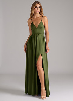 Azazie Aaida Bridesmaid Dresses Olive A-Line Corset Stretch Satin Dress image4