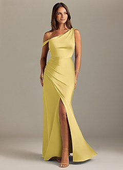 Azazie Madelyn Robes de demoiselle d'honneur Robe Sirène Convertible en Satin extensible Une épaule Canari image1