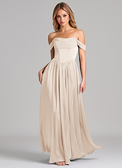 Azazie Raisa 신부 들러리 드레스 A라인 오프 더 숄더 스트레치 새틴 바닥 길이 드레스 image3