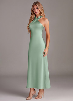 Azazie Doretta 신부 들러리 드레스 인어 주름진 스트레치 새틴 발목 길이 드레스 image4