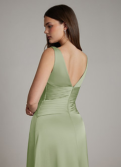Azazie Pauline Final Sale Dusty Sage A-Line Pleated Stretch Satin Dress image4