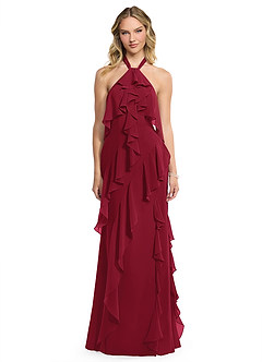 Azazie Velma Bridesmaid Dresses Burgundy A-Line Side Slit Chiffon Dress image1