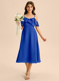 Azazie Kamilla Junior Abito A-Line in Chiffon a Spalla Scoperta Blu Reale image4