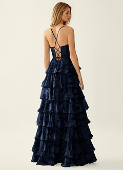 Wrenana Navy Textured Floral Jacquard Prom Dress image5