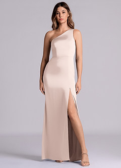 Azazie Phaedra 신부 들러리 드레스 A라인 한쪽 어깨 스트레치 새틴 바닥 길이 드레스 image4