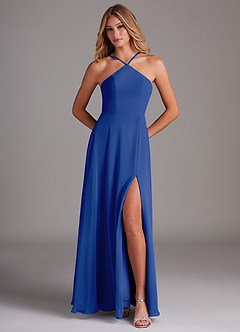 Azazie Bailey Vestidos de damas de honor Vestido de Azul Real de Gasa de Corte en A con Halter Abertura lateral image5