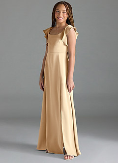 Azazie Bondi Junior Champagne A-Line Side Slit Stretch Satin Dress image4