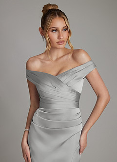 Azazie Teyana Bridesmaid Dresses Silver Sheath Off the Shoulder Stretch Satin Dress image2